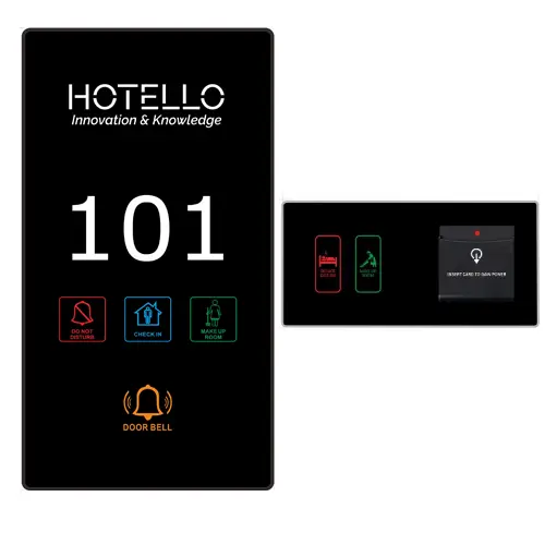 Hotello Identity 101 персонализиран комплект от тъч панел за врата с номер и звънец + енергоспестяващ холдер, изработен с логото на клиента върху черно закалено стъкло